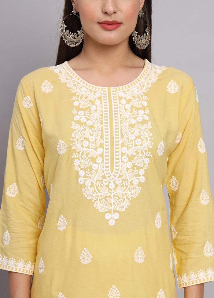 Yellow Readymade Rayon Chikankari Kurti - Indian Silk House Agencies