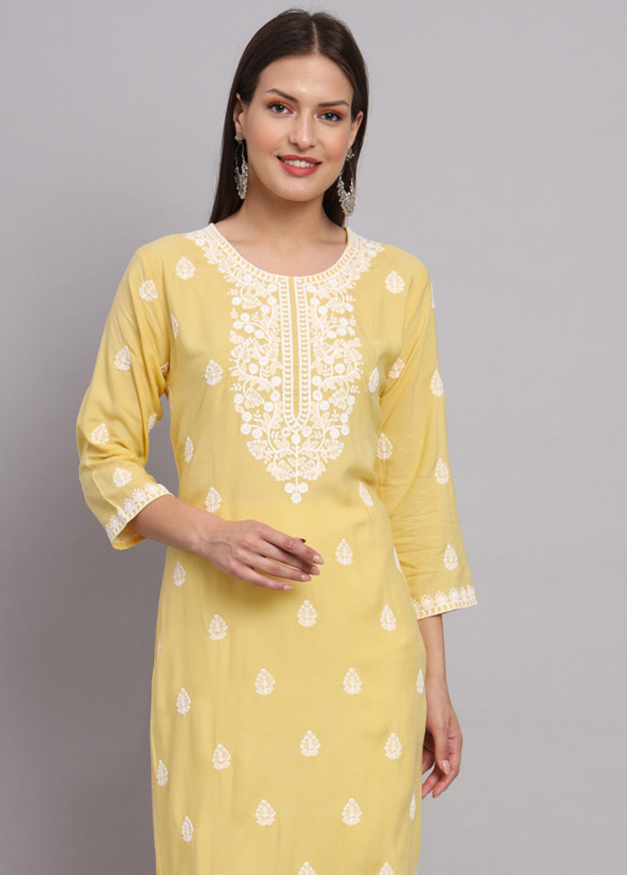 Yellow Readymade Rayon Chikankari Kurti - Indian Silk House Agencies