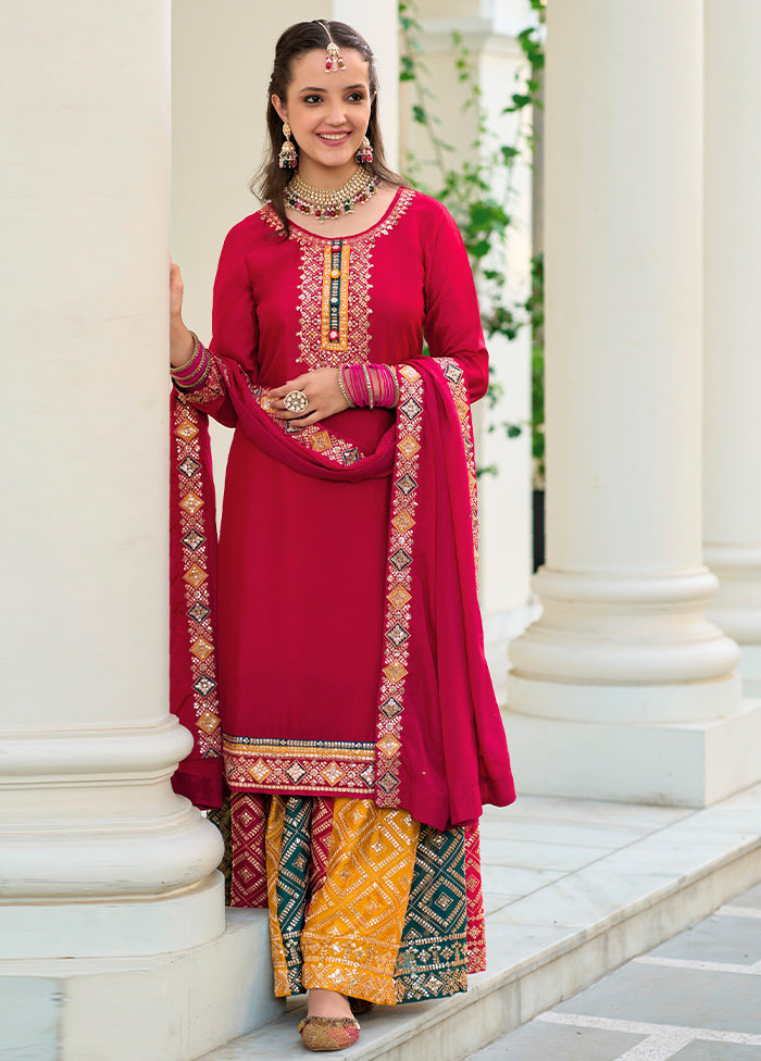 3 Pc Red Unstitched Georgette Suit Set - Indian Silk House Agencies