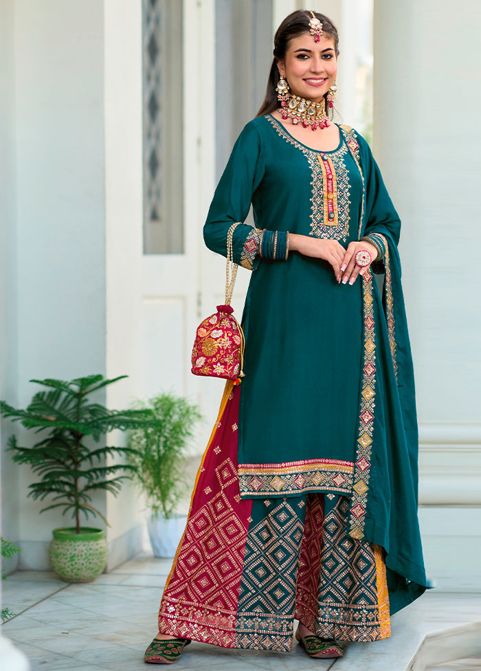 3 Pc Aqua Unstitched Georgette Suit Set