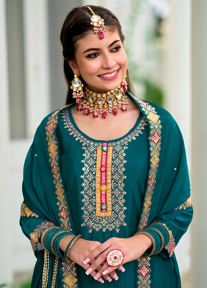 3 Pc Aqua Unstitched Georgette Suit Set - Indian Silk House Agencies