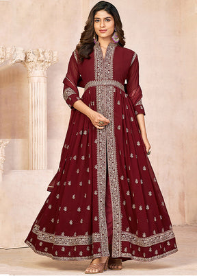 3 Pc Maroon Unstitched Georgette Suit Set - Indian Silk House Agencies