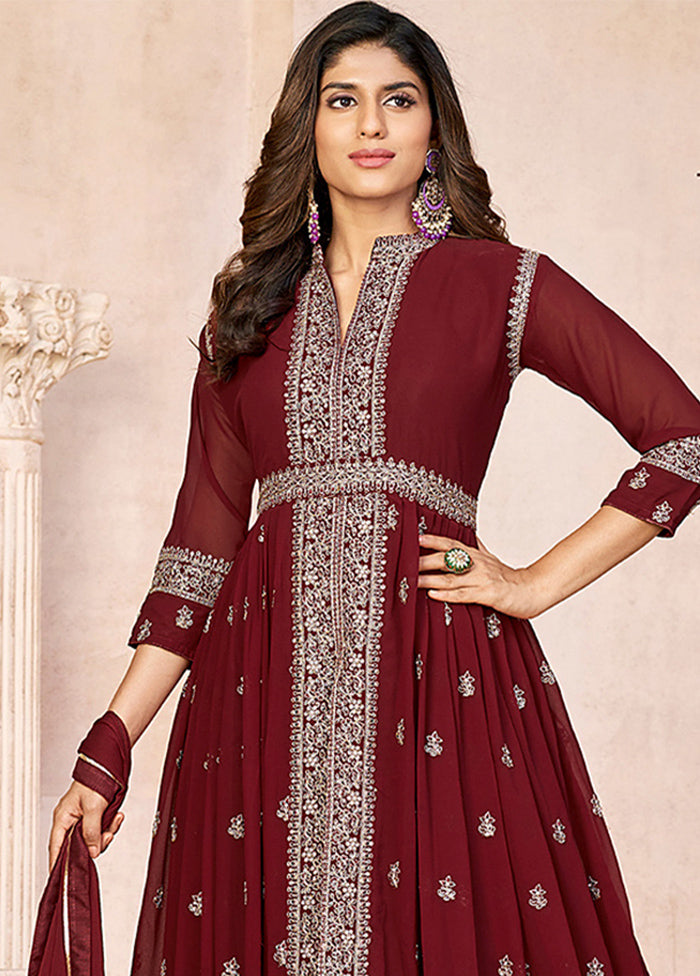 3 Pc Maroon Unstitched Georgette Suit Set - Indian Silk House Agencies