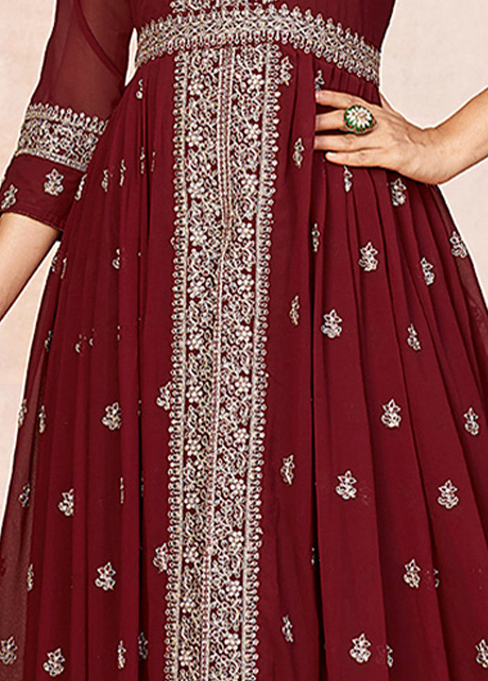 3 Pc Maroon Unstitched Georgette Suit Set - Indian Silk House Agencies