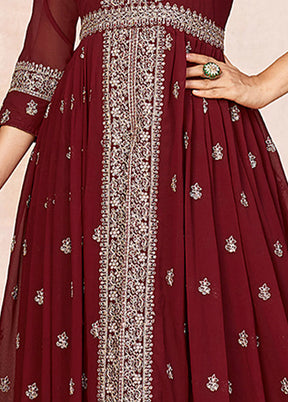 3 Pc Maroon Unstitched Georgette Suit Set - Indian Silk House Agencies