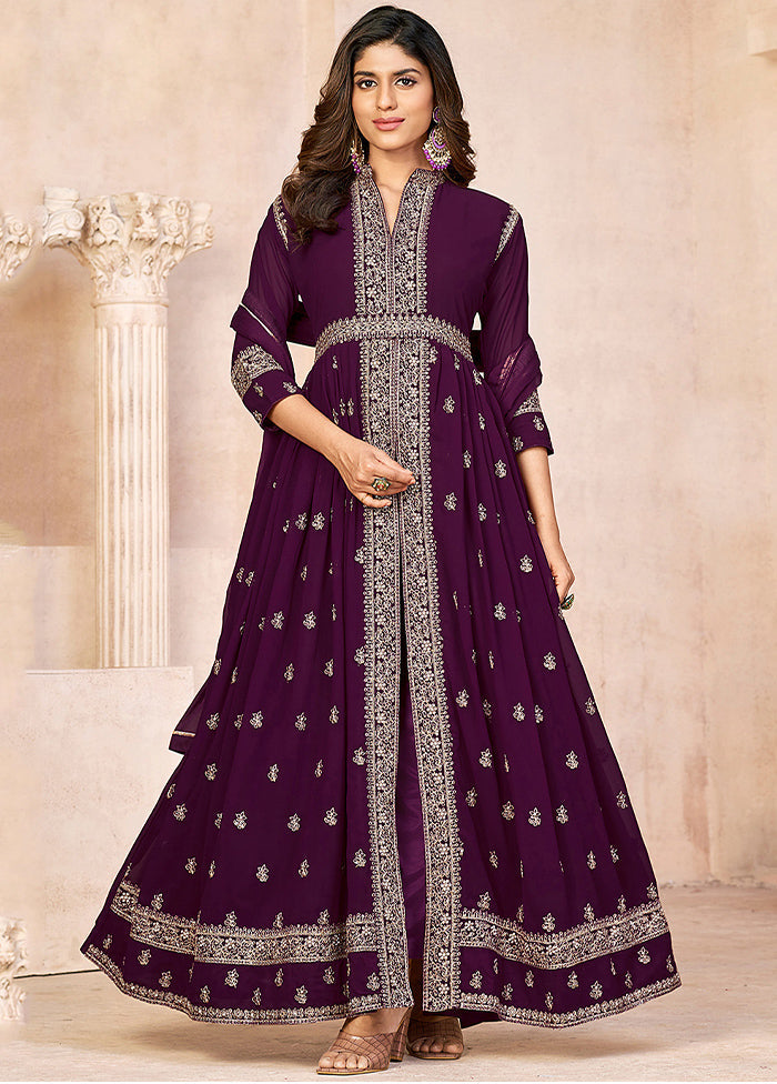 3 Pc Wine Unstitched Georgette Suit Set - Indian Silk House Agencies