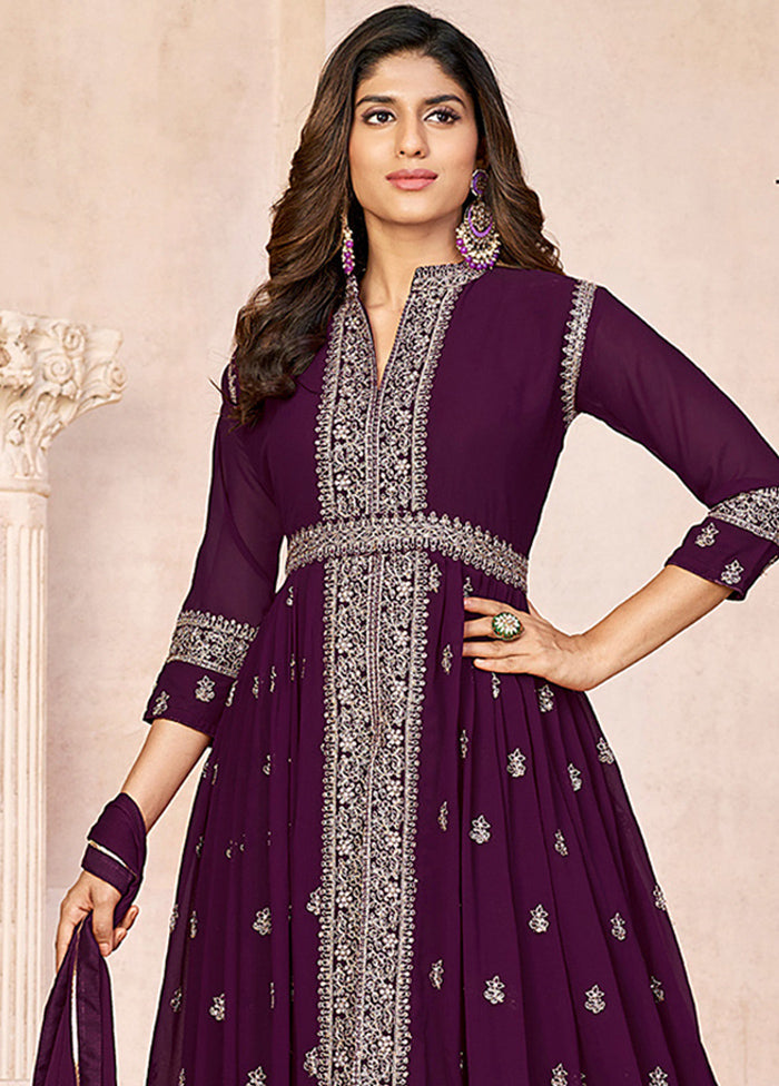 3 Pc Wine Unstitched Georgette Suit Set - Indian Silk House Agencies