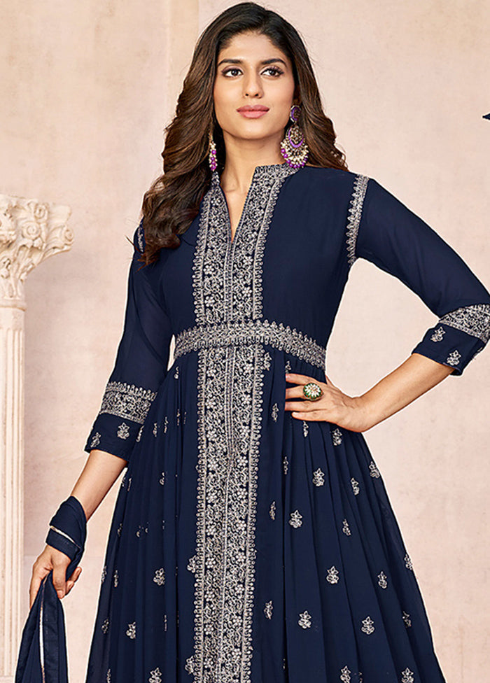 3 Pc Blue Unstitched Georgette Suit Set - Indian Silk House Agencies