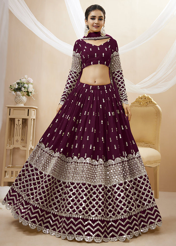 3 Pc Wine Georgette Semi Stitched Lehenga Set - Indian Silk House Agencies