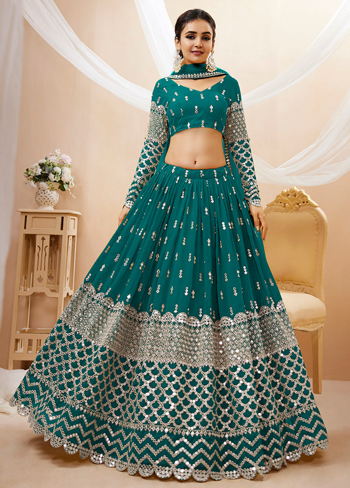 3 Pc Teal Blue Georgette Semi Stitched Lehenga Set - Indian Silk House Agencies