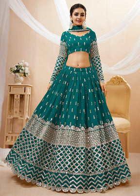 3 Pc Teal Blue Georgette Semi Stitched Lehenga Set - Indian Silk House Agencies