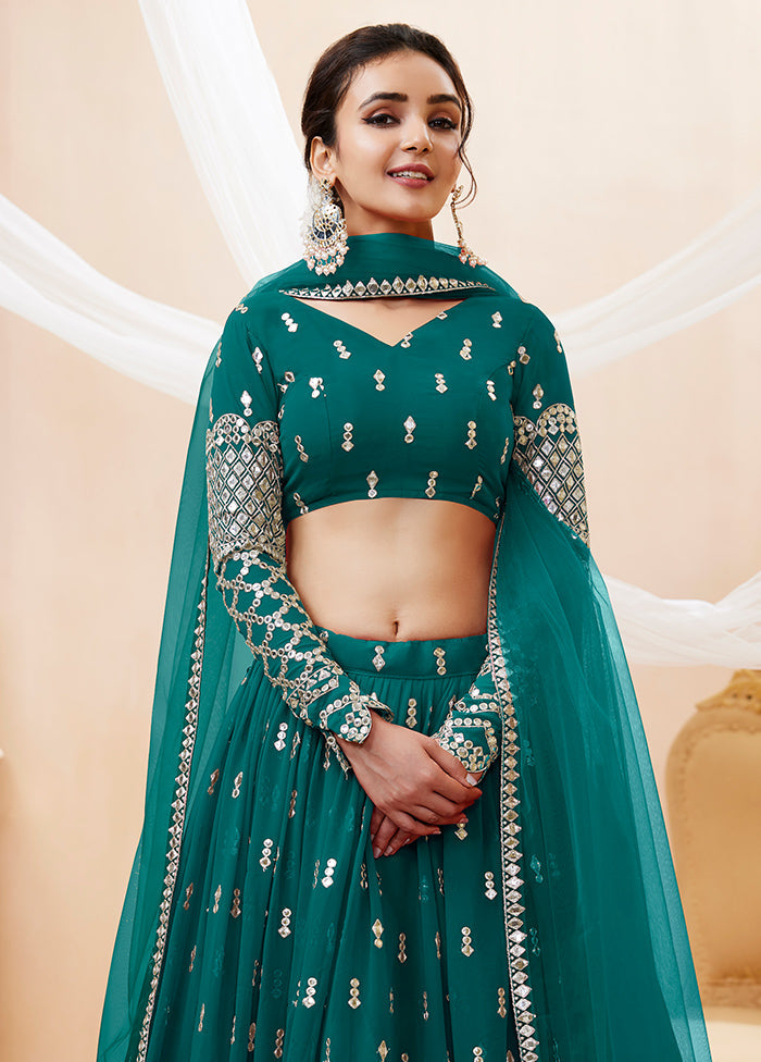 3 Pc Teal Blue Georgette Semi Stitched Lehenga Set - Indian Silk House Agencies