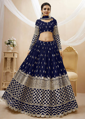 3 Pc Navy Blue Georgette Semi Stitched Lehenga Set - Indian Silk House Agencies