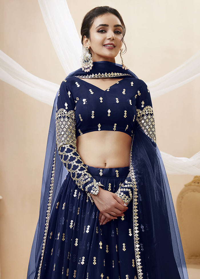 3 Pc Navy Blue Georgette Semi Stitched Lehenga Set - Indian Silk House Agencies