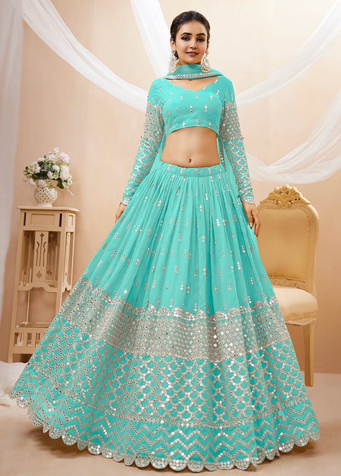 3 Pc Sky Blue Georgette Semi Stitched Lehenga Set - Indian Silk House Agencies