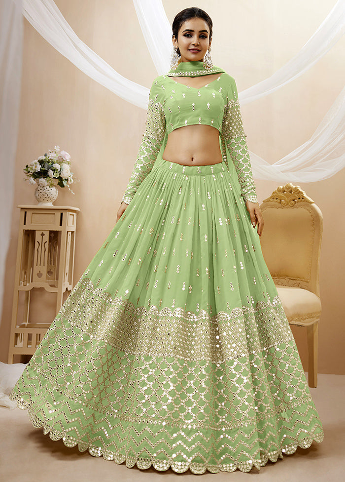 3 Pc Pista Green Georgette Semi Stitched Lehenga Set - Indian Silk House Agencies