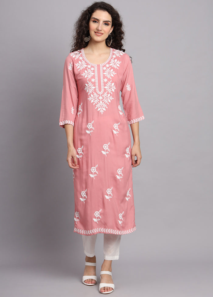 Pink Readymade Rayon Chikankari Kurti - Indian Silk House Agencies