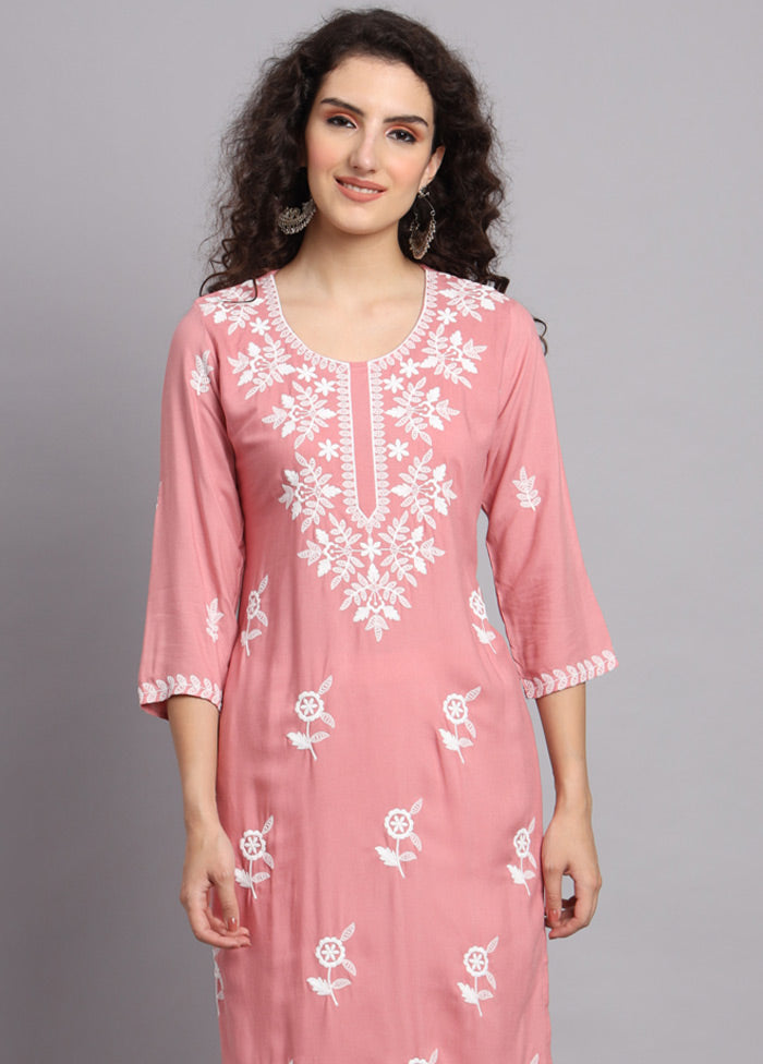 Pink Readymade Rayon Chikankari Kurti - Indian Silk House Agencies