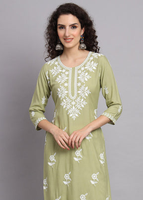 Green Readymade Rayon Chikankari Kurti - Indian Silk House Agencies