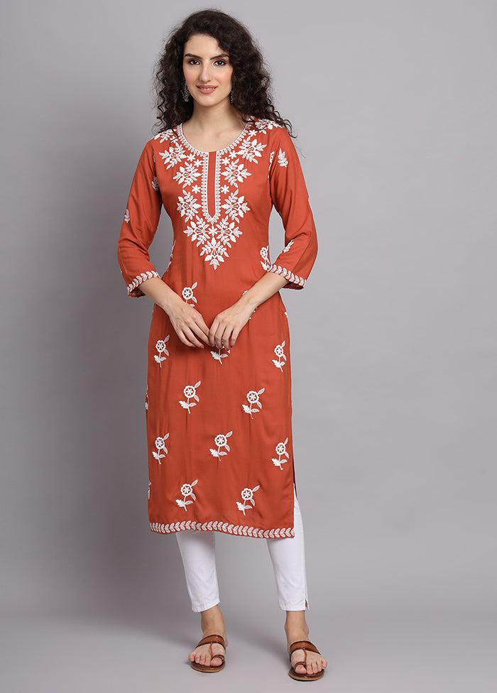 Red Readymade Rayon Chikankari Kurti - Indian Silk House Agencies