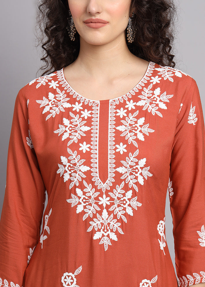 Red Readymade Rayon Chikankari Kurti - Indian Silk House Agencies