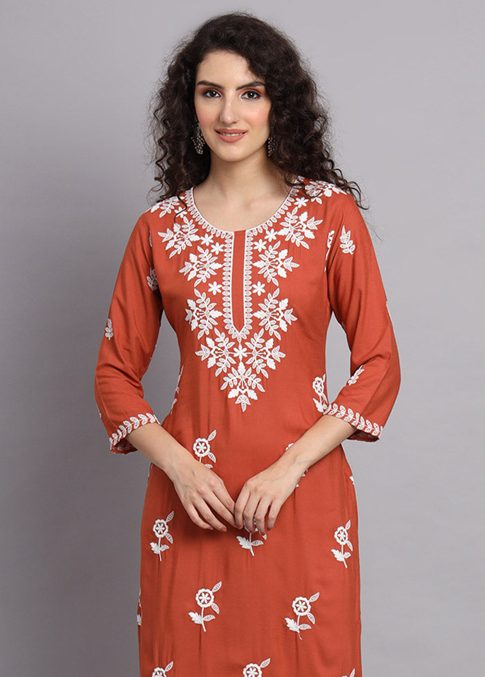 Red Readymade Rayon Chikankari Kurti - Indian Silk House Agencies