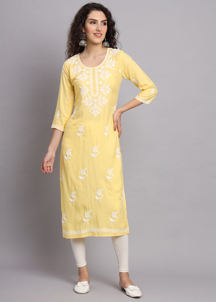 Yellow Readymade Rayon Chikankari Kurti - Indian Silk House Agencies