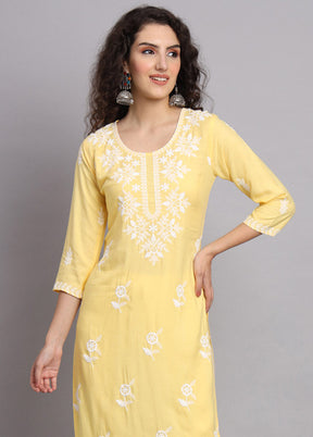 Yellow Readymade Rayon Chikankari Kurti - Indian Silk House Agencies