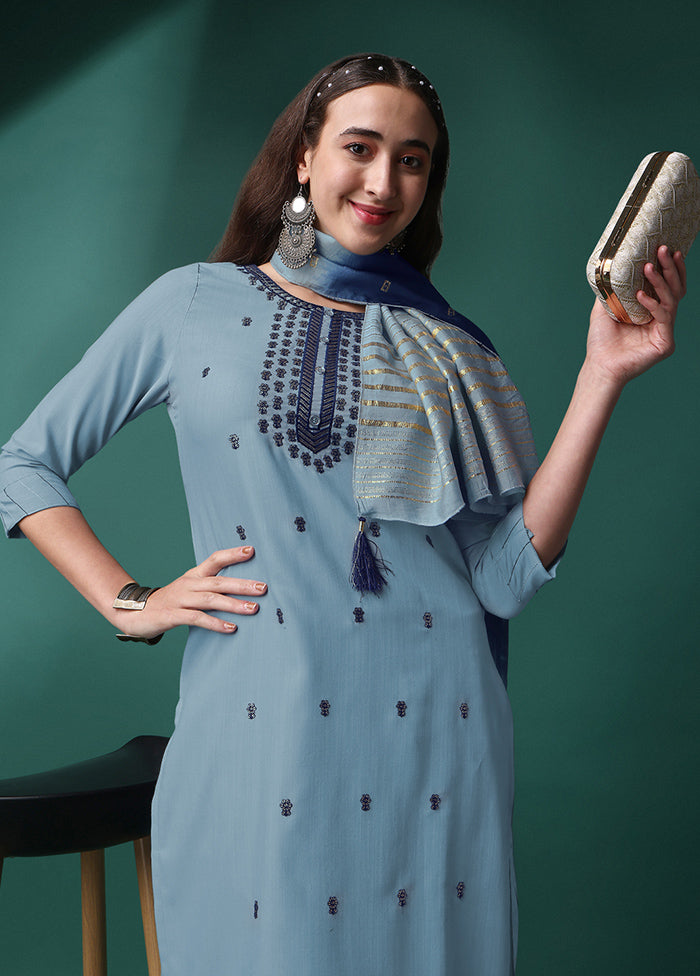 3 Pc Grey Readymade Rayon Suit Set - Indian Silk House Agencies