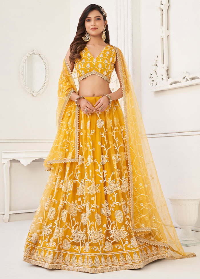 3 Pc Mustard Yellow Net Semi Stitched Lehenga Set - Indian Silk House Agencies