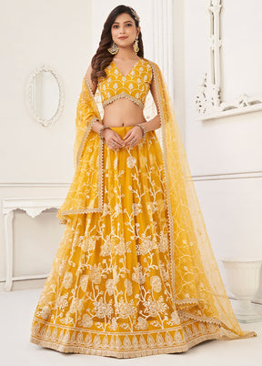 3 Pc Mustard Yellow Net Semi Stitched Lehenga Set - Indian Silk House Agencies