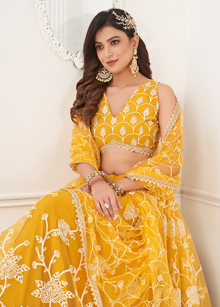 3 Pc Mustard Yellow Net Semi Stitched Lehenga Set - Indian Silk House Agencies