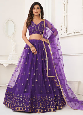 3 Pc Purple Net Semi Stitched Lehenga Set - Indian Silk House Agencies