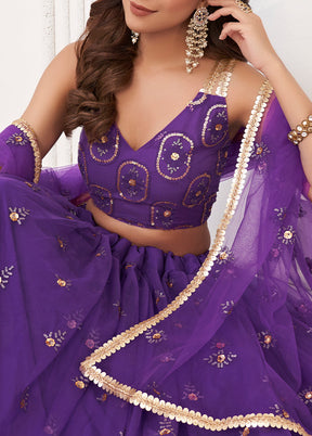 3 Pc Purple Net Semi Stitched Lehenga Set - Indian Silk House Agencies