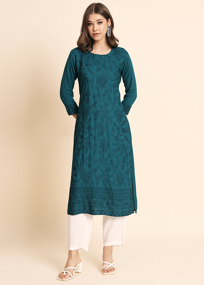 Teal Blue Readymade Rayon Kurti