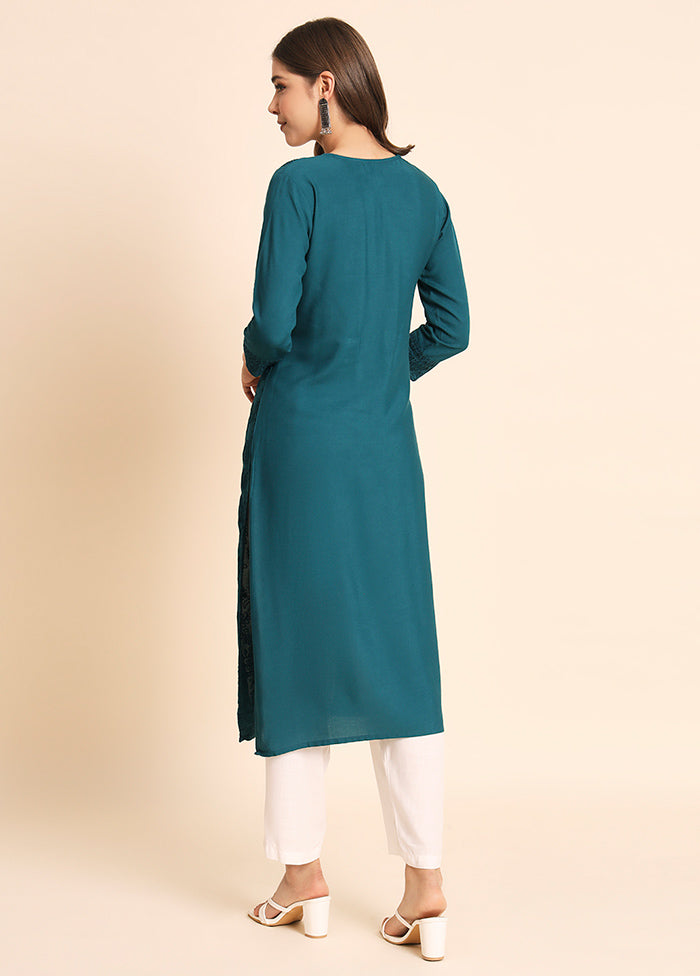 Teal Blue Readymade Rayon Kurti