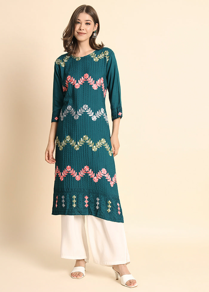 Teal Blue Readymade Rayon Kurti - Indian Silk House Agencies