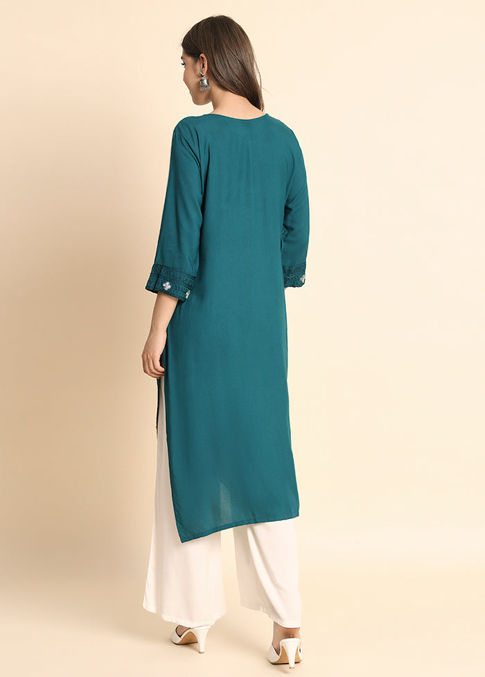 Teal Blue Readymade Rayon Kurti