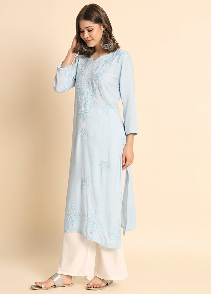 Sky Blue Readymade Rayon Kurti - Indian Silk House Agencies