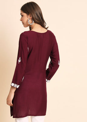 Maroon Readymade Rayon Chikankari Kurti - Indian Silk House Agencies