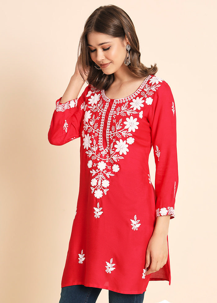 Pink Readymade Rayon Chikankari Kurti - Indian Silk House Agencies