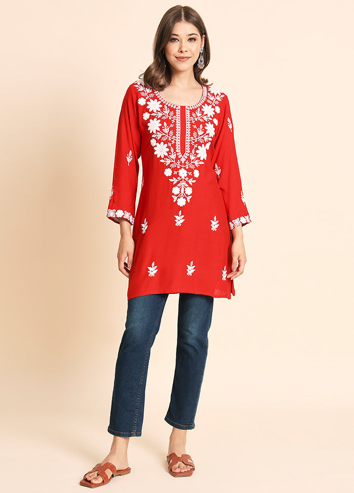 Orange Readymade Rayon Chikankari Kurti - Indian Silk House Agencies