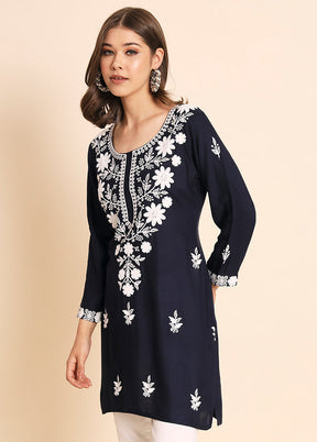 Navy Blue Readymade Rayon Chikankari Kurti - Indian Silk House Agencies