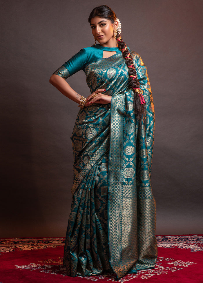 Blue Dupion Silk Saree With Blouse Piece - Indian Silk House Agencies