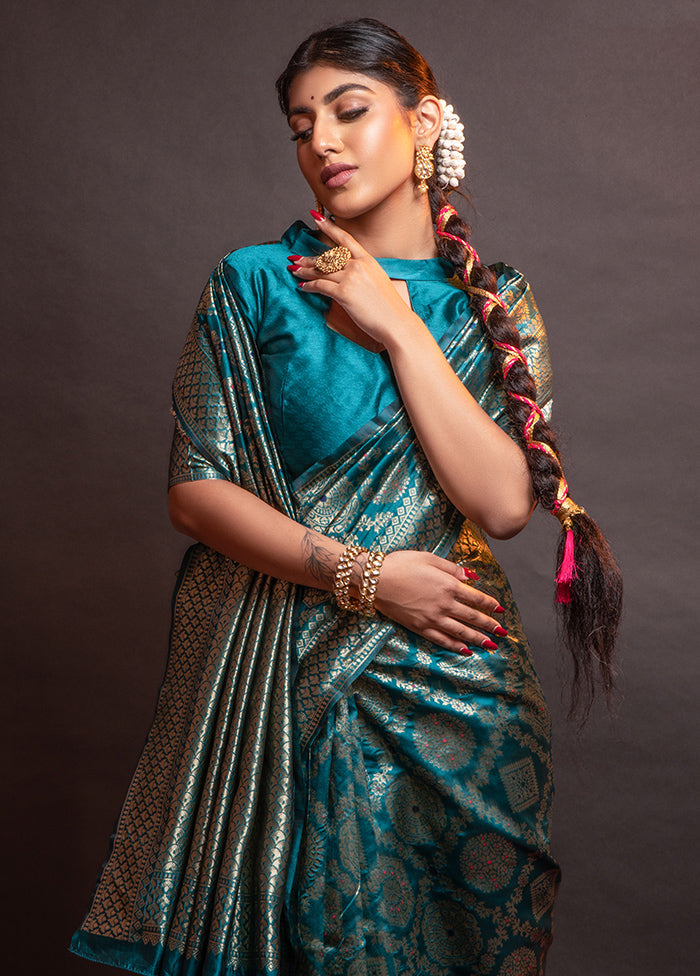 Blue Dupion Silk Saree With Blouse Piece - Indian Silk House Agencies