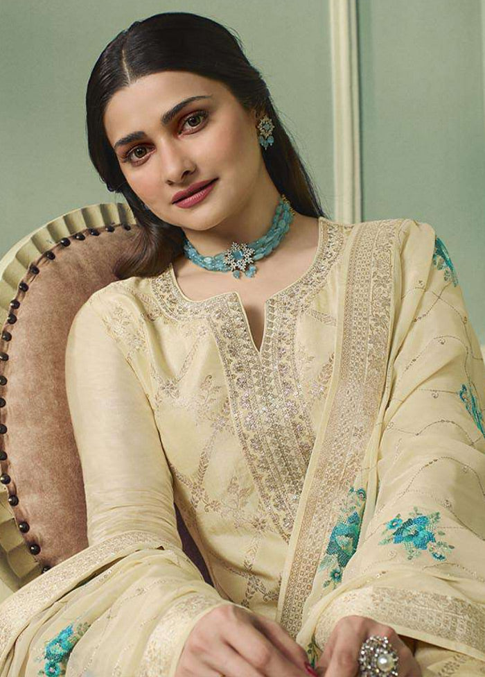 3 Pc Beige Unstitched Viscose Suit Set - Indian Silk House Agencies