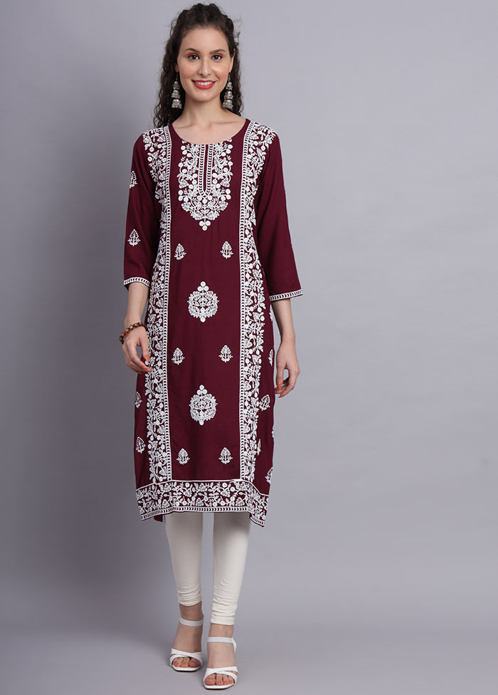 Wine Readymade Rayon Chikankari Kurti - Indian Silk House Agencies