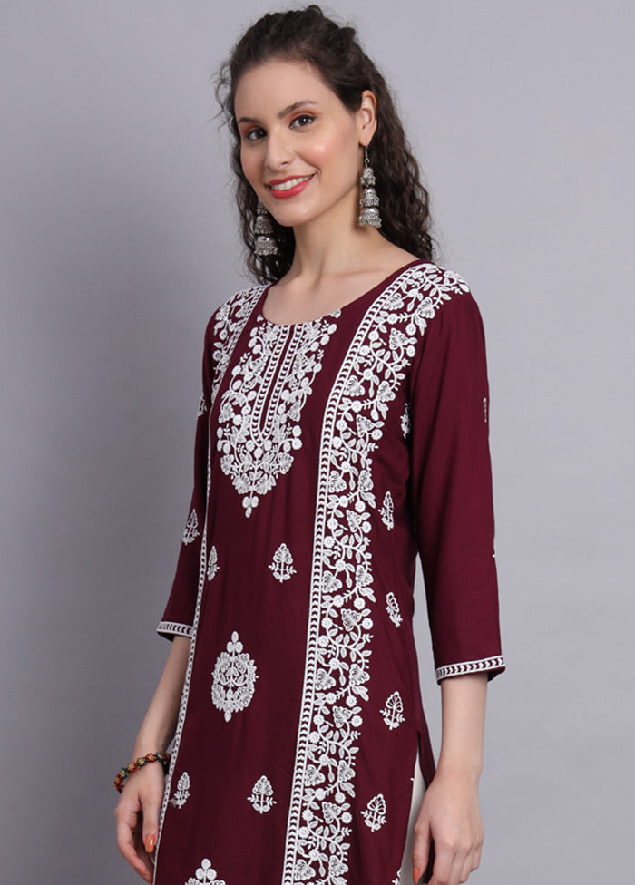 Wine Readymade Rayon Chikankari Kurti - Indian Silk House Agencies