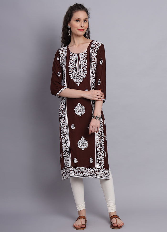 Coffee Readymade Rayon Chikankari Kurti - Indian Silk House Agencies