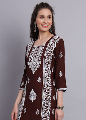 Coffee Readymade Rayon Chikankari Kurti - Indian Silk House Agencies